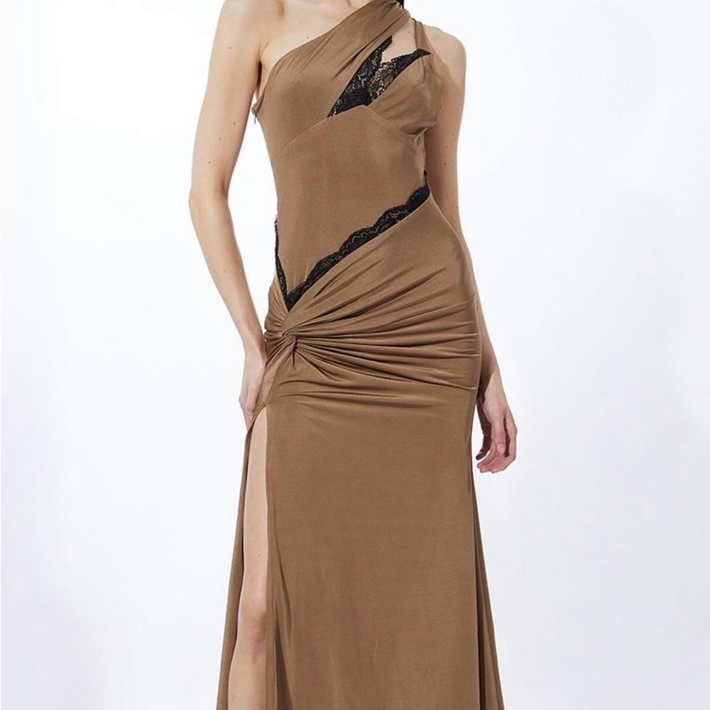 Karen Millen Tan One-Shoulder Dress with Black Accents